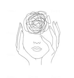 a woman's face with her hands over her head and the image is drawn in one line