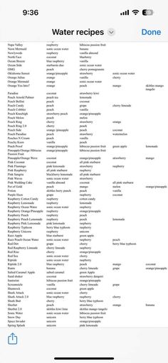 an iphone screen showing the recipe list for water recipes