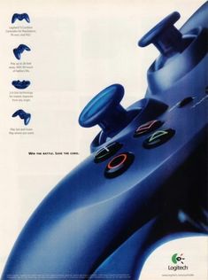 an advertisement for a video game controller that is blue and has four different buttons on it