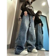 Harajuku Baggy Y2K Dark Blue Brown High Waist 90S Baggy Trouser Baggy Jeans Outfit Street Styles, Baggy Jeans Outfit 90s Women, Baggy Outfits Women, Straight Wide Leg Pants, Ooga Booga, Y2k Baggy Jeans, Blue High Waisted Jeans, Streetwear Korean, Alt Clothes