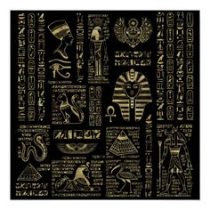 egyptian symbols and their meanings in gold on black canvas wall art print by designbyte