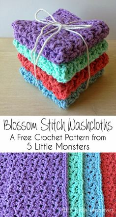 four crocheted dishcloths are stacked on top of each other with the words blossom stitch washcloths