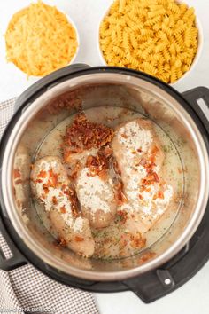 the ingredients to make chicken parmesan in an instant pressure cooker, including pasta and seasoning