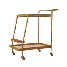 a wooden cart with wheels and two trays