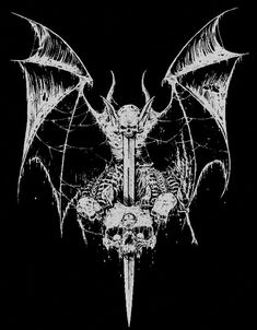 a black and white drawing of a bat with fangs on it's wings, in front of a dark background