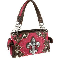 Leather Like Western Handbag With Crystal Accented Fleur Di Lis, Rhinestones, And Laser Cut Floral Design. Rear Open Pocket And Zipper Gun Concealment Pocket. Side Magnetic Button Pockets. Interior Includes Two Open Pockets, One Zipper Pocket, And One Center Zipper Pouch. Main Zipper Closure. Brown Parts Are Embossed . Please See Pics And Let Me Know If You Have Any Questions! Western Handbag, Western Handbags, Pink Brown, Zipper Pouch, Zipper Pocket, Laser Cut, Pink Ladies, Satchel, Floral Design