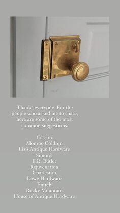 a door handle with the names of different doors