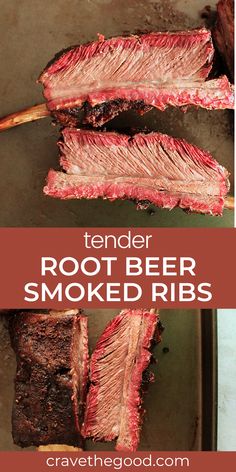 the tender root beer smoked ribs are ready to be cooked in the oven and served on skewers