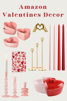 an assortment of valentine's day decorations including candles, heart shaped dishes and other items