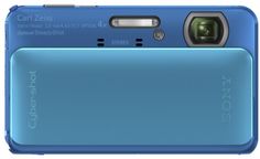 a blue digital camera sitting on top of a white surface