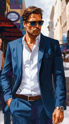 a painting of a man in a suit and sunglasses walking down the street with his hands in his pockets