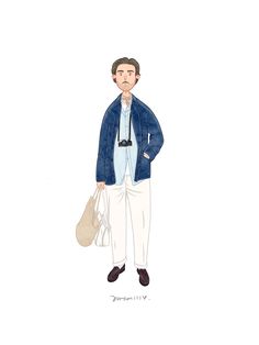 a drawing of a man in blue jacket and white pants, holding a handbag