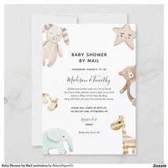 a baby shower is shown with an elephant, giraffe and starfish on it