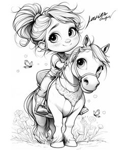 a drawing of a girl riding on the back of a horse with butterflies around her