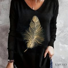 Lasaky - Unique Feather Design V-Neck T-Shirt: Versatile Long Sleeve Top for Spring & Fall, Stylish Womens Apparel Gold V-neck Top For Fall, Gold Crew Neck T-shirt For Fall, Fall Graphic Print V-neck Tops, Casual Gold Tops For Fall, Casual Gold Top For Fall, Womens Apparel, Floral Sleeve, Feather Design, Feather Print