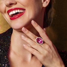 Ross-Simons - 20.00ct Pink Topaz, .52ct t. w. Diamond Ring Oval Cut in 14kt Yellow Gold. Size 10. This ring is worth showing off! A 20.00 carat pink topaz gemstone is haloed by a dazzling frame of .52 ct. t. w. round brilliant-cut diamonds in white rhodium. Crafted in polished 14kt yellow gold. 1" wide. Diamond and pink topaz ring. Oval Diamond Gemstone Ring For Party, Dazzling Ruby Ring With Accent Stones For Formal Events, Oval Brilliant Cut Party Ring, Oval Diamond Ring For Party, Dazzling Oval Topaz Ring, Dazzling Topaz Ring With Center Stone For Formal Occasions, Dazzling Topaz Ring With Center Stone For Formal Events, Dazzling Topaz Ring For Formal Occasions, Dazzling Topaz Ring With Accent Stones