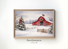 a painting of a red barn in the snow with christmas trees and wreaths on it