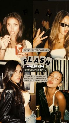 two beautiful young women sitting next to each other in front of a poster with the word flash written on it