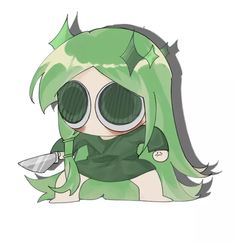 a drawing of a girl with green hair and big glasses holding a knife in her hand