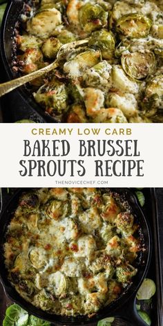 baked brussel sprouts in a cast iron skillet