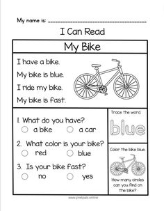 a worksheet for reading the words i can read my bike