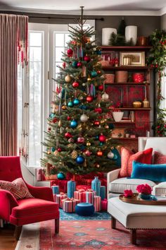 a living room with a christmas tree in the corner and colorful decorations on the wall