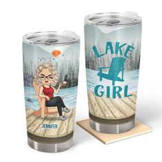 a personalized tumbler with an image of a woman sitting on a chair