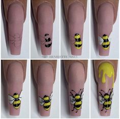 Bee On Nails, Bee Nail Art Designs, Bee Theme Nails, Honey Bee Nails, Nails Squared, Bee Nail Designs