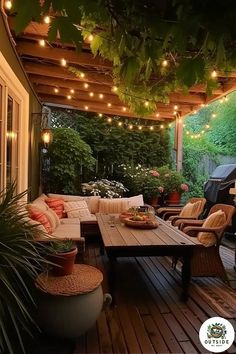 an outdoor patio with lights strung from the ceiling and furniture on the wooden flooring