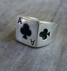 "square top signet Ace of clubs card ring. Enameled club on top and sides sterling silver(925) Weights 11 gms (depending on the size) Top face is 12mm sq(1/2\"\" +') x 10mm Its sits very flat on the finger Can make this in oxidized version any size but with a solid back yes can also make this in gold" Playing Card Ring, Ace Of Clubs Card, Clubs Card, Card Rings, Gambling Cards, Ace Of Clubs, Card Ring, Wedding Ring Black, Character Clothing