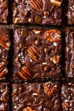 chocolate brownies with pecans and nuts arranged on top of each other in squares