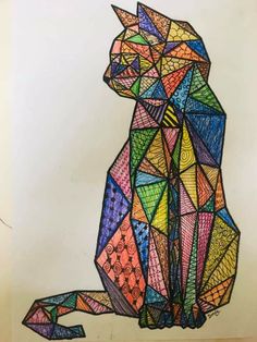 a drawing of a cat made out of different colored lines and shapes on white paper