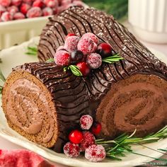 a piece of chocolate cake on a plate with cranberries