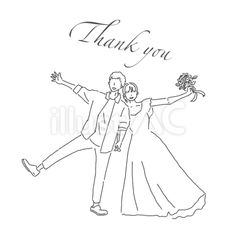 a bride and groom are dancing together with the words thank you in black ink on a white background