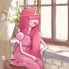 a pink princess sitting on top of a stool