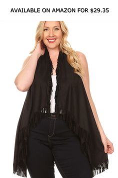 Womens Plus Size Sleeveless Cardigan with Fringe Detail Black - 2X ◆ AVAILABLE ON AMAZON FOR: $29.35 ◆ Womens Plus Size Solid, long body vest with an open front, fringe, and hi-lo hem Cardigan White Pants Women, Yellow Blazer, Ladies Blazer, Sleeveless Cardigan, Pink Blazer, White Blazer