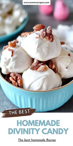 the best homemade diy candy recipe is in a blue bowl with white frosting and pecans on top