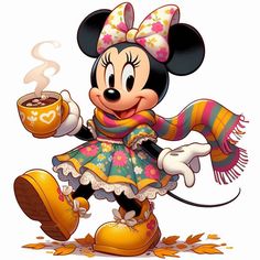 a cartoon character holding a cup of coffee and wearing a colorful outfit with flowers on it