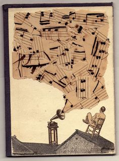 an old book with music notes on the pages and a man sitting on a chair