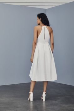 LW162 - High Neck Faille Dress – Amsale Amsale Dress, Reception Dresses, Box Pleat Skirt, Wedding Dress With Pockets, Pleat Skirt, Wedding Reception Dress, Modest Wedding Dresses