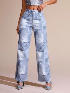 Blue  Collar  Denim  Wide Leg Embellished Non-Stretch  Women Clothing Wide Leg Patchwork Denim Jeans, Trendy High Rise Patchwork Pants, Casual High Waist Patchwork Flare Jeans, Casual High Rise Patchwork Flare Jeans, Casual Straight Leg Patchwork Jeans, Non-stretch Patchwork Wide Leg Jeans, Non-stretch Wide Leg Patchwork Jeans, Trendy Mid-rise Patchwork Pants, High-rise Patchwork Denim Blue Pants