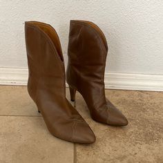 Used Once. In Great Condition. Minimal Signs Of Wear Mostly On The Bottom. Designer Leather Heeled Boots With Pointed Toe, Calf Leather Boots With Sculpted Heel, Leather Pointed Toe Boots For Galas, Designer Brown Boots With Sculpted Heel, Calf Leather Closed Toe Boots With Padded Heel, Calf Leather Boots With Padded Heel And Closed Toe, Designer Leather Heeled Boots With Almond Toe, Designer Almond Toe Leather Heeled Boots, Designer Leather Heeled Boots With Closed Toe