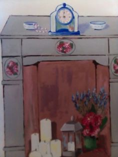 a painting of a table with flowers and candles on it, next to a clock