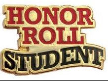 a pin with the words,'honor roll student'in red and black