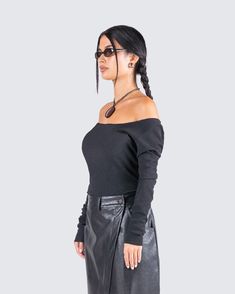 A sleek, clean look is always a serve ✨ Make yourself known in the most effortless way with this black top constructed from soft stretch textured jersey, complete with extra long sleeves and an off-shoulder style. Only the baddest can stand out without even trying 🖤 Note: The raw edges are intentional elements of the design Black Off-shoulder Knit Top For Fall, Trendy Black One Shoulder Long Sleeve Top, Off-shoulder Black Long Sleeve Top For Night Out, Casual Black One Shoulder Top For Fall, Casual Black One-shoulder Top For Fall, Black Stretch Off-shoulder Top, Versatile Black Off-shoulder Top, Black Stretch One Shoulder Top With Long Sleeve, Black Off-shoulder Long Sleeve Top For Fall