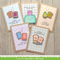 four handmade cards with toaster and bread on them