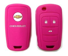 two pink car key covers with the word chevrolet on them