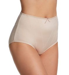 Microfiber panty has high waisted styling, control lining, and V-shaped seams for a more streamlined figure. Glossy microfiber body keeps you comfortable all day! Front panel has V-shaped seams. Decorative bow is sewn into center of waist. Elastic sewn along waist and leg openings provides a secure fit. Center front has control lining for a slimmer silhouette. High waisted, high rise styling for more coverage. Inner side has fabric/care info tags. Seamless rear. Full rear coverage. Cotton crotch Fitted Full Coverage Bottoms For Daywear, High Waist Smoothing Beige Bottoms, Beige Shaping Full Coverage Bottoms, High Waist Shaping Bottoms With Wide Waistband, Shaping High Waist Bottoms With Wide Waistband, High Waist Bottoms With Wide Waistband For Shaping, Elegant Shaping Bottoms For Daywear, Beige Full Coverage Smoothing Bottoms, Beige Smoothing Full Coverage Bottoms