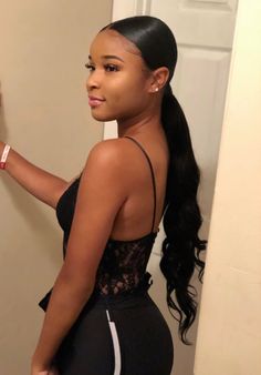 Center Part Low Ponytail Black Women, Straight Low Ponytail Hairstyles, Pageant Hairstyles Black Women, Low Extended Ponytail Weave Middle Part, Slick Back Ponytail Lace Wig, Slickback Ponytail Middle Part, Low Pony Hairstyles Middle Part, Slick Back Low Ponytail Prom, Long Low Ponytail Straight