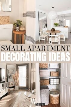 small apartment decorating ideas for the living room and dining room with text overlay that says small apartment decorating ideas